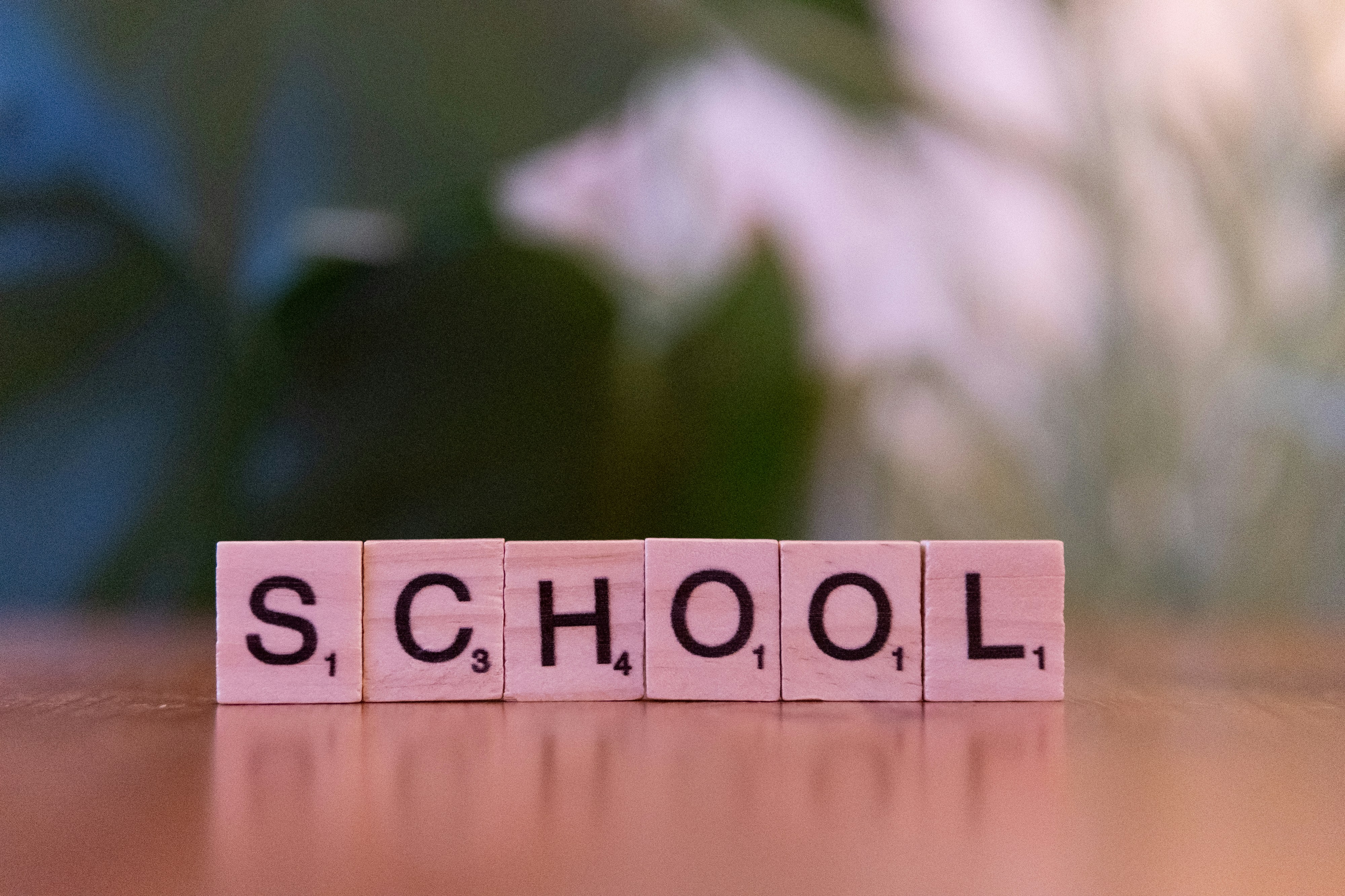 A wooden block spelling the word school on a table